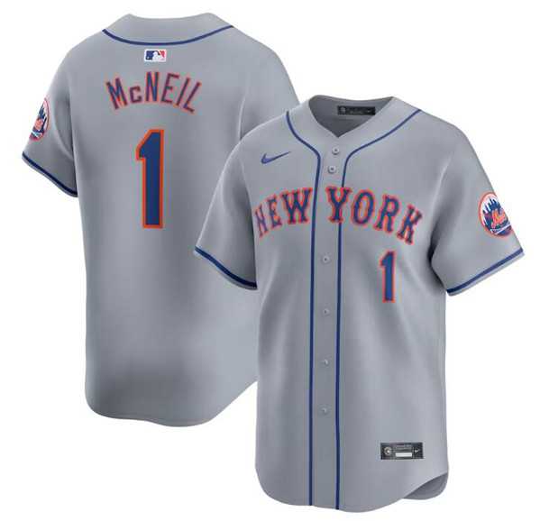 Mens New York Mets #1 Jeff McNeil 2024 Gray Away Limited Stitched Baseball Jersey Dzhi